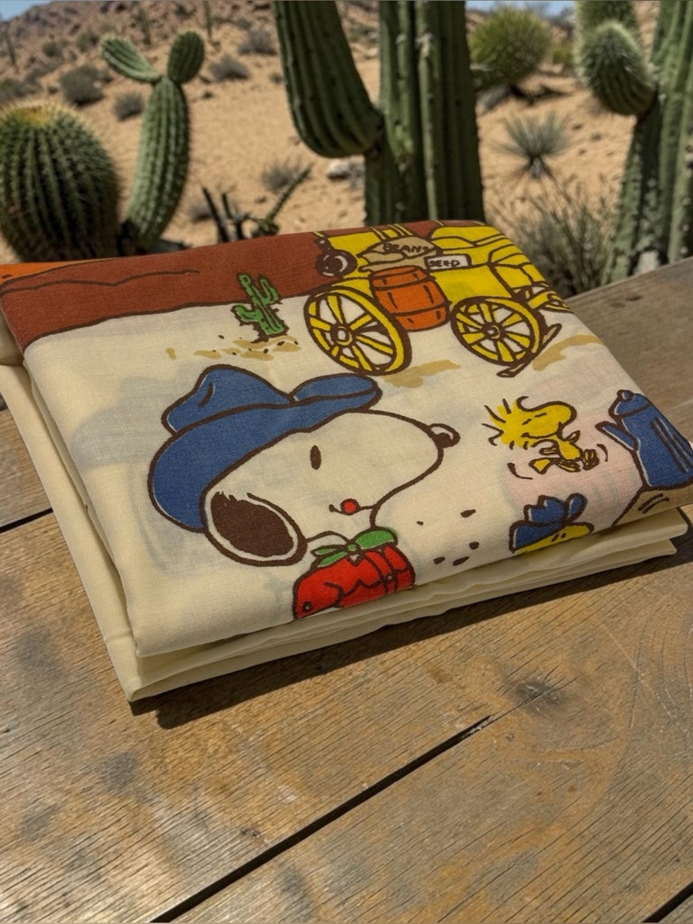 Vintage 1970 Peanuts Snoopy Goes West Pillowcase Lt Yellow Woodstock Campfire